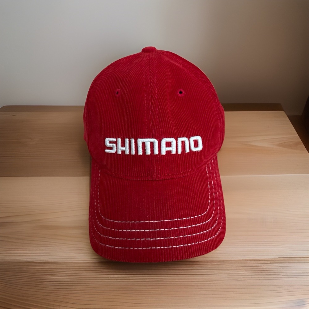 Vintage Shimano Fishing Cotton Red Black Corduroy Spell Out Front & Back Cap Hat